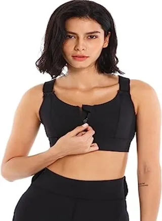 Women High Impact Sports Bra Zipper Front Closure Sports Bra Adjustable Straps Workout Bras Fitness Bra(Medium, Black) 