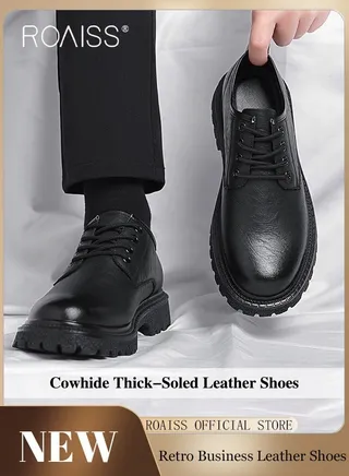 Men Vintage Business Casual Leather Shoes Thick Soled Head Leather Shoes for Men Dress Boots with British Style  Low Cut Work Boot Design 