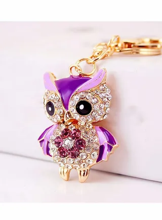 Owl Shape Keychain, Cute Women Fashion Rhinestone Bag Car Pendant Lucky Owl Key Accessories Unique Gift And Metal Souvenir, Crystal Style, Purple 