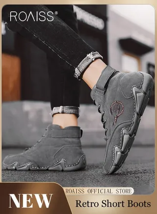 Men’s Soft Leather Ankle Casual Loafers Lace-Up Anti Slip Walking Shoes Men's Tooling Style Martin Boots Men Casual Mid Top Leather Boots  Men's Boots Ankle Lace Up Casual Boots 