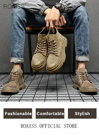 Men’s Soft Leather Ankle Casual Loafers Lace-Up Anti Slip Walking Shoes Men's Tooling Style Martin Boots Men Casual Mid Top Leather Boots  Men's Boots Ankle Lace Up Casual Boots 