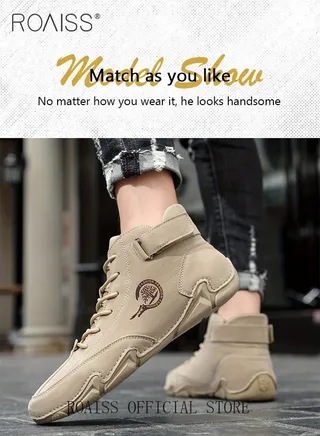 Men’s Soft Leather Ankle Casual Loafers Lace-Up Anti Slip Walking Shoes Men's Tooling Style Martin Boots Men Casual Mid Top Leather Boots  Men's Boots Ankle Lace Up Casual Boots 