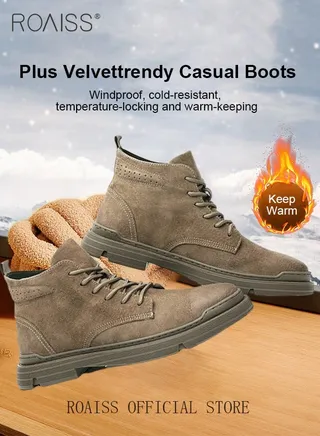 Fleece-Lined Men’s Soft Leather Ankle Casual Loafers Lace-Up Anti Slip Walking Shoes Men's Tooling Style Martin Boots Men Casual Mid Top Leather Boots  Men's Boots Ankle Lace Up Casual Boots 