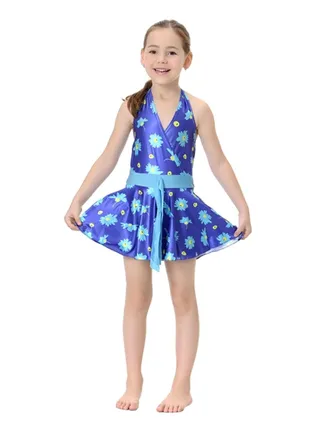 Girls Halter Neck Floral Pattern Dress Purple 