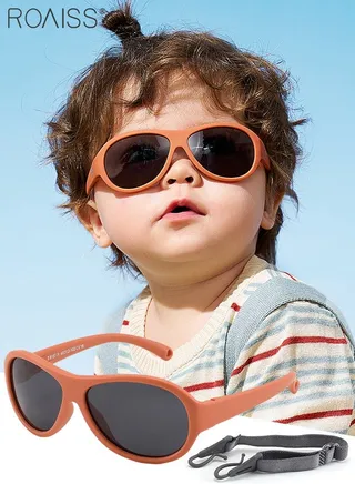 Oval Polarized Sunglasses for babies UV400 Protection Cute Beach Holiday Sun Glasses with Flexible Silicone Frame and Elastic Strap for Boys Girls Age 0-3 Orange 