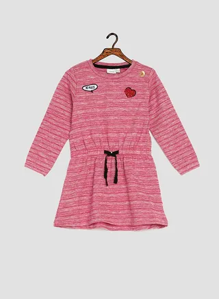 Long Sleeve Crew Neck Melange Embroide Dress Jester Red 
