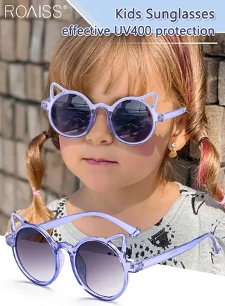 Round Sunglasses for Kids, UV400 Protection Cute Beach Holiday Sun Glasses with Cat Ear Decoration and PC Frame for Girls Boys and Children Age 3-12, Purple 