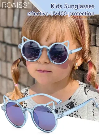 Round Sunglasses for Kids, UV400 Protection Cute Beach Holiday Sun Glasses with Cat Ear Decoration and PC Frame for Girls Boys and Children Age 3-12, Blue 