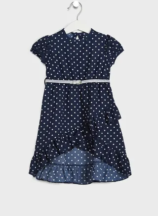 Girls Navy Blue White Polka Print Dress 
