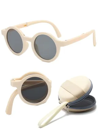 Foldable Sunglasses With Bag For Kids, Round Folding Easy Carry Foldable Shades UV400 Protection Lens, Sun Protection Sunglasses Suitable for Summer Outdoor Beach Travel Camping - Beige 