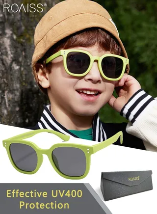 Square Polarized Sunglasses for Kids, UV400 Protection Cute Beach Holiday Sun Glasses with Lightweight Flexible TPEE Frame for Boys Girls and Children Age 3-12, Grassy Green 