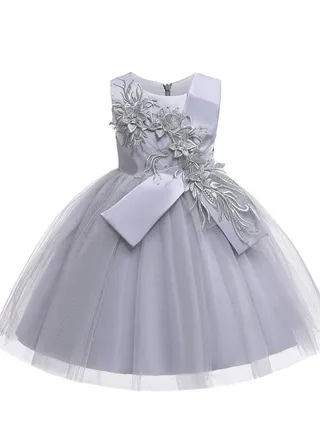 Kids Birthday Party Dresses Children Fancy Princess Ball Gown Grey Color 
