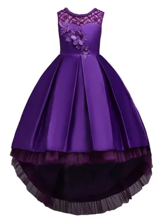 Children's Long Tail Lace Flower Beading Princess Dress Girl Performance Elegant Party Birthday Evening Lady Dresses Purple 