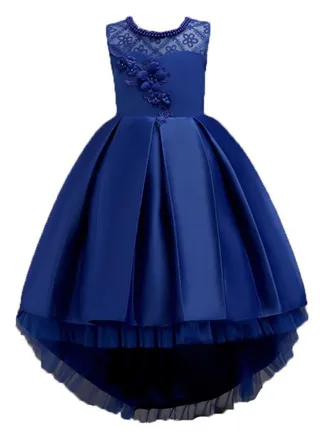 Children's Long Tail Lace Flower Beading Princess Dress Girl Performance Elegant Party Birthday Evening Lady Dresses Blue 