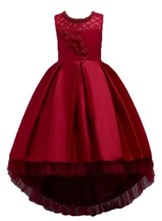 Children's Long Tail Lace Flower Beading Princess Dress Girl Performance Elegant Party Birthday Evening Lady Dresses 