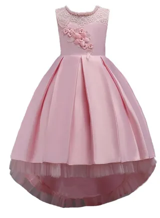 Children's Long Tail Lace Flower Beading Princess Dress Girl Performance Elegant Party Birthday Evening Lady Dresses Pink 