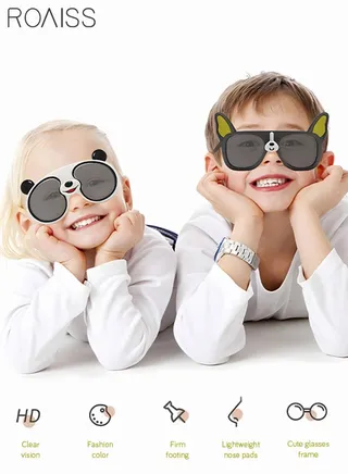 2 Pack Polarized Kids Sunglasses UV Protection Baby Cartoon Panda and Bulldog Sun Glasses with Flexible TPEE Silicone Frame for Boys Girls and Children Age 3-12 