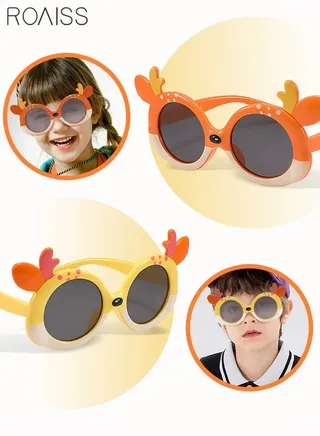 2 Pack Polarized Kids Sunglasses UV Protection Baby Cartoon Deer Sun Glasses with Flexible TPEE Silicone Frame for Boys Girls and Children Age 3-12 Yellow and Orange 
