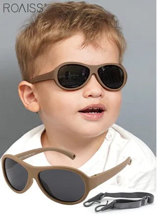 Oval Polarized Sunglasses for Babies UV400 Protection Cute Beach Holiday Sun Glasses with Flexible Silicone Frame and Elastic Strap for Boys Girls Age 0-3 Brown 