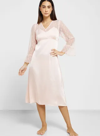 Lace Sleeve Satin Night Slip Dress