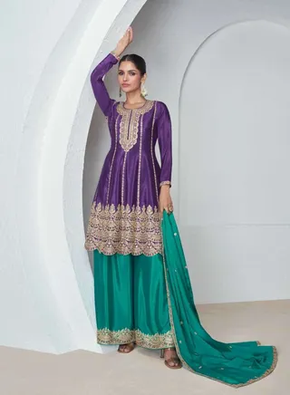 Chinon Silk Festival Party Wear Sharara Set Having Purple Kurta Plus Green Dupatta And Plazo 