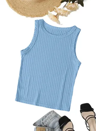Ribbed Knit Top Crew Neck  - Rib Knit - Cotton 