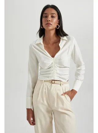 Woman Fitted V Neck Woven Long Sleeve Blouse 