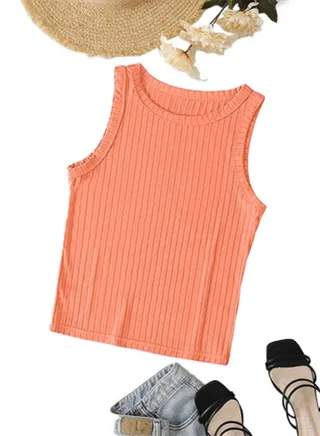 Ribbed Knit Top Crew Neck  - Rib Knit - Cotton 