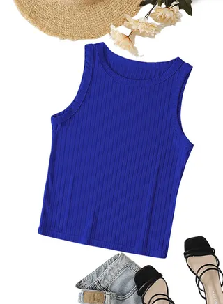Ribbed Knit Top Crew Neck  - Rib Knit - Cotton 