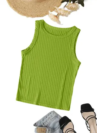 Ribbed Knit Top Crew Neck  - Rib Knit - Cotton 