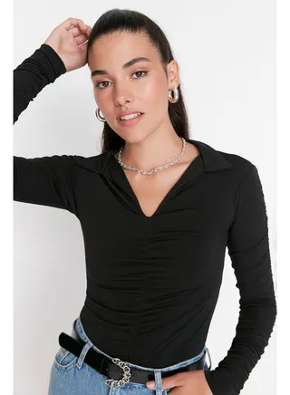Black Slim Pleated Polo Neck Stretchy Knitted Blouse TWOAW23BZ00249 