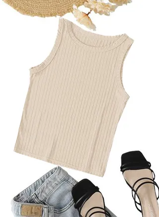 Ribbed Knit Top Crew Neck  - Rib Knit - Cotton 
