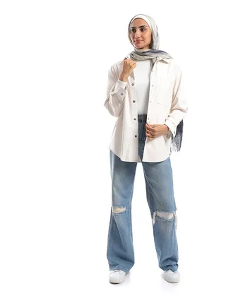 Press Buttons Closure Leather Shirt - Off White 