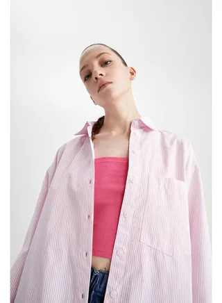 Woman Oversize Fit Shirt Neck Long Sleeve Woven Long Sleeve Shirt 