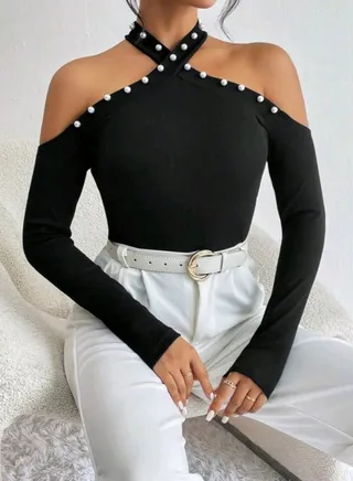 SHEIN Privé Beaded Tight-fitting Off-shoulder T-shirt 