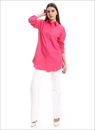 Long Sleeves Plain Buttoned Down Shirt - Fuchsia_Pink 
