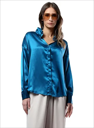 Long Sleeves Shiny Stain Petroleum Shirt 