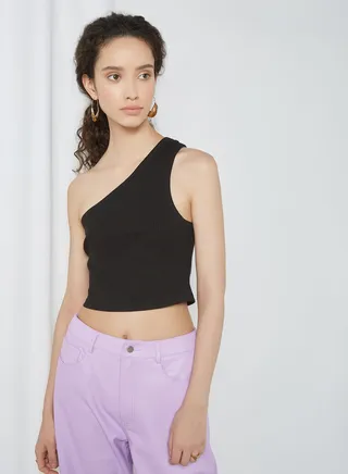 One Shoulder Ribbed Top Black 