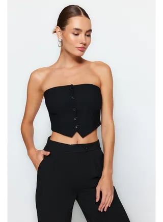 Black Strapless Woven Button Detailed Blouse TWOAW24BZ00421 