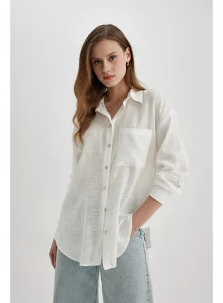 Woman Oversize Fit Woven Long Sleeve Shirt 