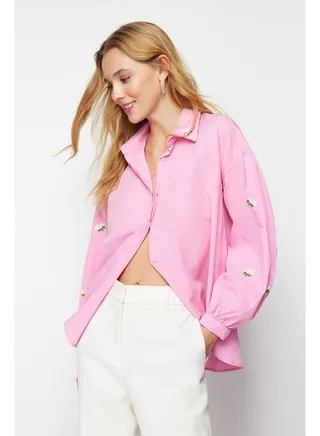 Pink Embroidered Cotton Woven Shirt TWOAW23GO00081 