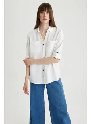 Woman Regular Fit Shirt Neck Woven Long Sleeve Shirt 