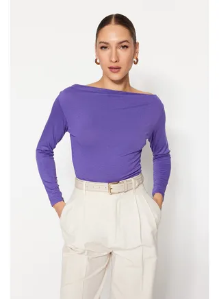 Purple Fitted/Situated Long Sleeves Boat Neck Viscose Stretch Knit Blouse TWOAW21BZ0106. 