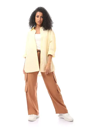 Solid Long Sleeve Buttoned Blouse-Yellow 