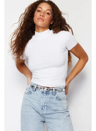 White Fitted High Collar Crop Ribbed Stretchy Knitted Blouse TWOSS21BZ0780 