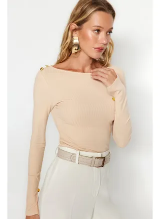 Stones Boat Collar Corduroy Flexible Regular Fit Long Sleeve Button Detailed Knitted Blouse TWOAW24BZ00052. 