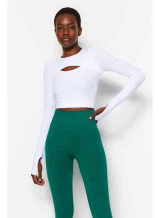 White Crewneck Sports Blouse with Crop Window/Cut Out and Thumb Hole Detail TWOAW22BZ0481 