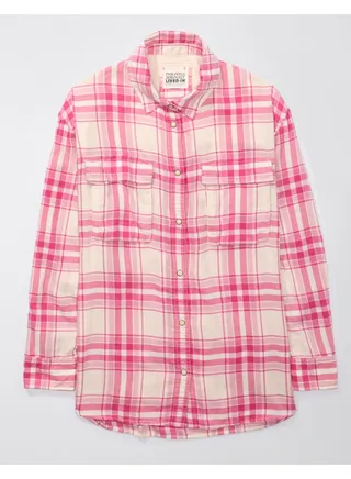 AE Oversized Long-Sleeve Plaid Button-Up Shirt 