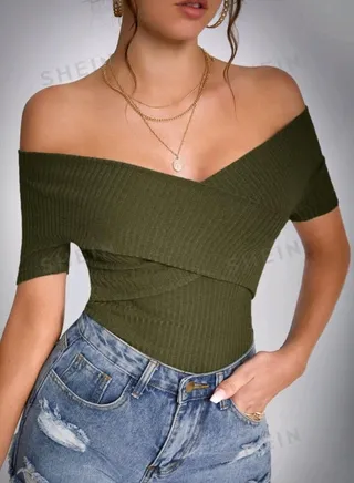 SHEIN Tall Solid Off The Shoulder Ribbed Knit Tee 