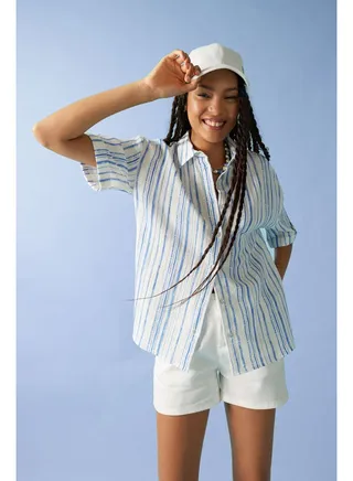 Woman Oversize Fit Shirt Neck Woven Short Sleeve Shirt 
